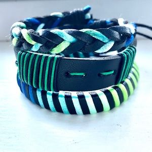 Lot of three…Leather and Cloth Unisex Adjustable Bracelet Trio Set